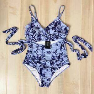 Daci Sexy High Waisted Tummy Control One Piece Swimsuit BlueTie Dye Sz 14W